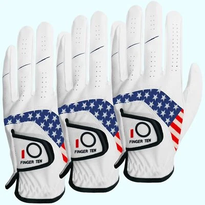 FINGER TEN USA Flag Men’s Golf Gloves Left Hand Right Leather All Weather Grip 3 Pack