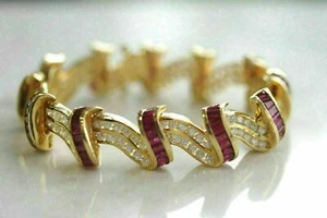 Art Deco Style Tennis Bracelet 10Ct Lab Created Red Ruby 14K Yellow Gold Finish - Picture 1 of 5