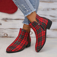 Ladies Fashion Christmas Plaid Pointed Side Zipper Thick Heel Ankle Boots