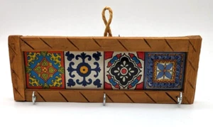 Mexican Wall Key Holder Talavera Tiles Wood Frame 3 Hooks Red Blue Yellow White - Picture 1 of 21