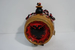 BBbx ALBANIA HANDMADE WOOD BARREL JUG, DOUBLE EAGLE PYROGRAPHY HAND PAINTED - Picture 1 of 6