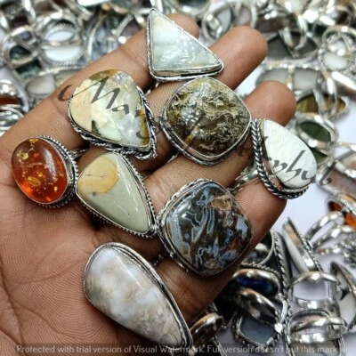 Lote de 10 piezas de anillos enchapados en plata 925 de ámbar báltico y mezcla de piedras preciosas Foto 1 de 4