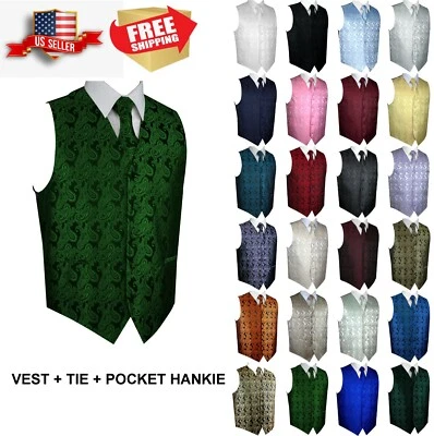 Men's Paisley Formal Tuxedo Vest Tie & Hankie set Wedding Prom Cruise Homecoming - Image 1 of 2