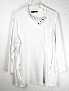 Susan Graver Women's Sweatshirt 1X White Weekend Gold Snap Collar Pockets - Picture 1 of 10