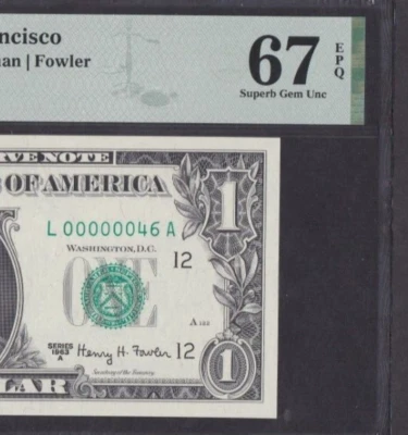 [PMG-67 EPQ] Two Digit S/N 1963-A FRN 1 Dollar FR-1901-L L00000046A - Image 1 of 3