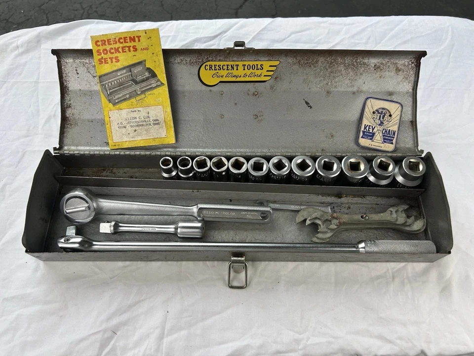 Very Rare Crescent tool kit Vintage 1950s 1/2” Drive Steel box 15 Piece W/papers - Image 1 of 4