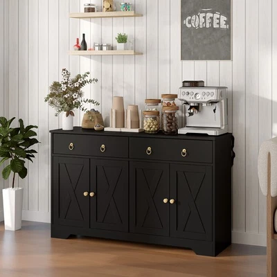 Kitchen Storage Sideboard, Buffet Cabinet with Barn Doors, Black - Image 1 of 4