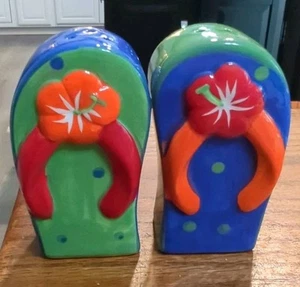 Vintage Beach Decor Ceramic Multi-Colored Flip Flops Salt and Pepper Shaker Set - Picture 1 of 11