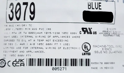 Cable de conexión/plomo de cobre estañado premium Alpha Wire 3079 #14awg 600 V azul/25 pies Foto 1 de 4