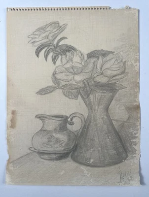 Винтажный натюрморт 1963 Rose рисунок - карандаш на бумаге - повреждение водой - 12x9"" - Изображение 1 из 4