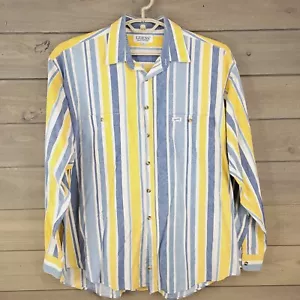 Vintage Guess Mens Shirt Large Blue Yellow Cotton Striped Button Down Preppy - Picture 1 of 12