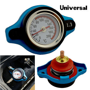 Universal Blue Thermost Radiator Cap+Water Temp gauge 1.3 Bar Cover Small Head