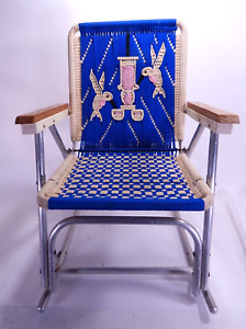 Vintage Macramé Hand Woven Aluminum Folding Lawn Patio Rocking Chair Hummingbird
