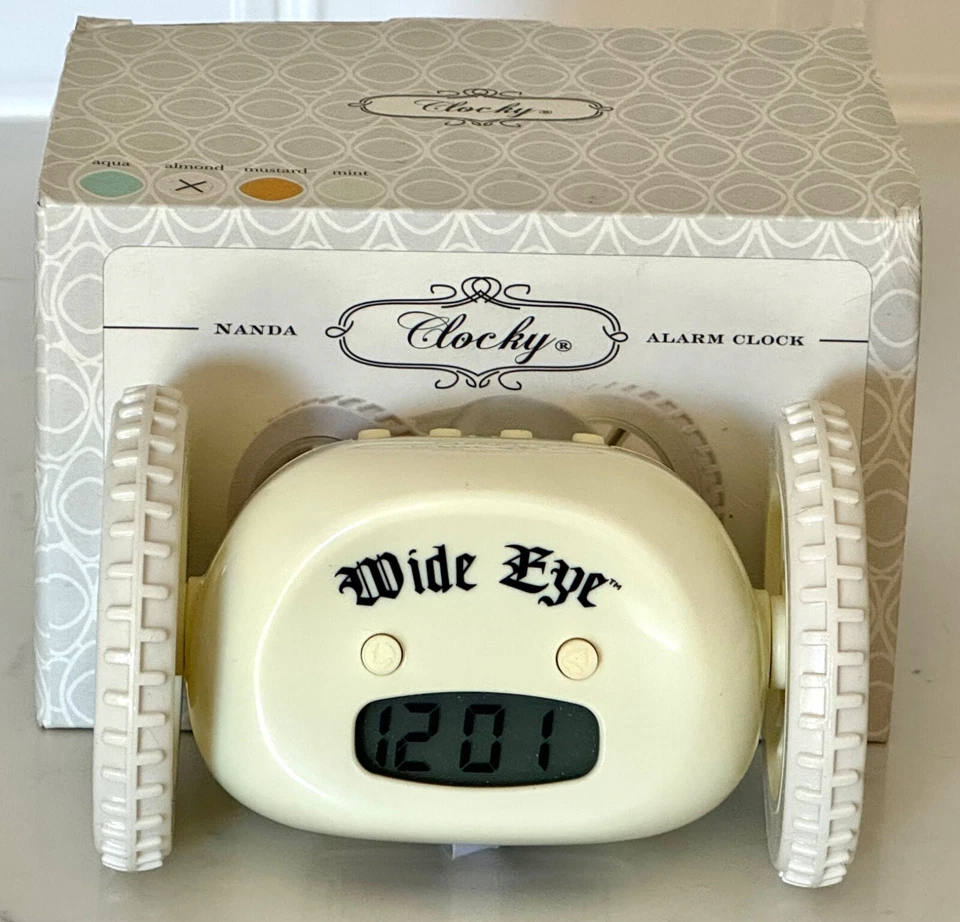 Clocky Original Alarm Clock on Wheels Runs Away WIDE EYE Almond WORKS Runaway - Image 1 of 4