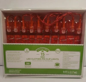 15 Red Led Clothes Pin Clip Lights 8 foot Christmas Valentine Easter - Picture 1 of 4