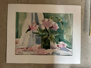 Nancy Greene Signed Watercolor "Flower Still Life" Matted - Picture 1 of 3
