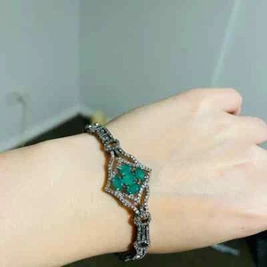 Pave Diamond Emerald Bracelet 925 Sterling Silver Handmade Finish Stone Jewelry - Picture 1 of 9
