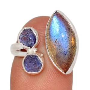 Natural Labradorite - Madagascar & Tanzanite 925 Silver Ring s.5.5 CR71628 - Picture 1 of 1