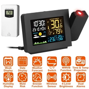 Projection Alarm Clock Weather Station Radio Thermometer Humidity Monitor Sensor - Picture 1 of 11