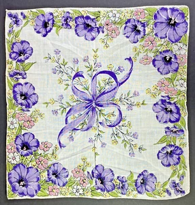 Vintage Handkerchief Purple Petunia Floral Bow Hankie 13"x13" Cotton Lawn - Picture 1 of 13