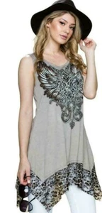 sexy VOCAL fleur-de-lis TANK top TUNIC leopard ANIMAL PRINT LACE taupe SM-XL - Picture 1 of 3