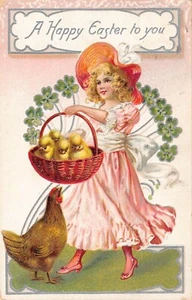 Easter Tuck Saxony Girl Pink Dress Carrying Basket of Chickens - Picture 1 of 2