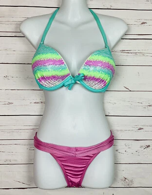 Victoria’s Secret Gorgeous Bombshell Bikini 32D  Med  2pc Push Up Ombré Sequin - Image 1 of 4