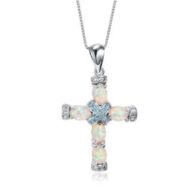 Xmas Gift Unique Cross White Fire Opal Blue Topaz Gem Silver Necklace Pendants - Image 1 of 4