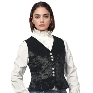 Retro Velvet Vest for Women V-Neck Cropped Sleeveless Dressy Waistcoat - Picture 1 of 19