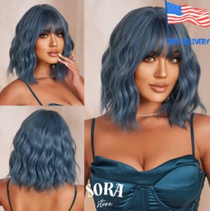 Blue Wavy Short Synthetic Wig With Bangs – Dark Blue Curly Bob Wig for Women - Picture 1 of 9