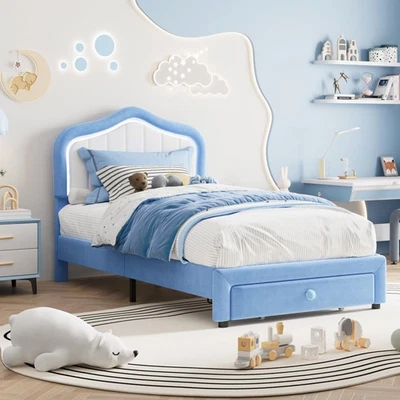Marco de cama tamaño doble XL, cabecero tapizado con plataforma LED cama para niños con cajón Foto 1 de 4