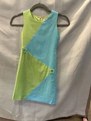 Florence Eiseman Girls' Cotton/Linen Aqua And Green Dress With Flowers Size 7 - Image 1 of 4
