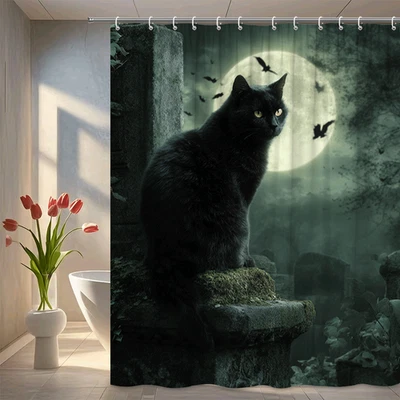 1pc Black Cat Moonlight Shower Curtain – Gothic Halloween Bathroom Decor - Image 1 of 4