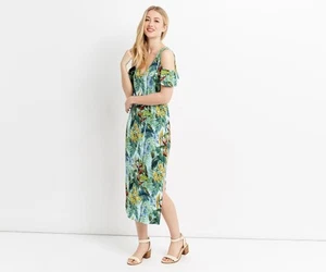 NEW OASIS TROPICAL BIRD FLORAL PRINT COLD SHOULDER MIDI DRESS SUMMER LOOK UK 10 - Picture 1 of 8