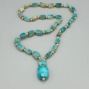Vintage Egyptian Revival Faience Scarab Beaded Pendant 25" Necklace Gold Tone - Picture 1 of 6