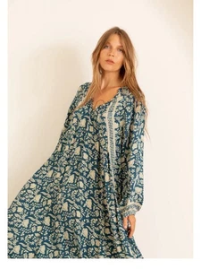 Natalie Martin blau weiß geblümt Fiore Kleid Boho Indien Seide - Bild 1 von 10
