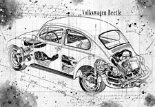 Line Tech Drawing  Volkswagen Beetle  Cutaway Art Poster Print