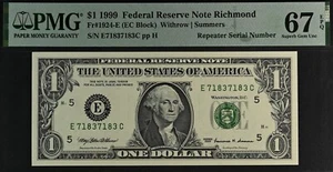 Top Pop 1999 $1 FRN Richmond PMG 67EPQ fancy repeater serial number 71837183 - Picture 1 of 4