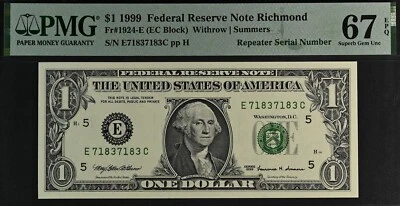 Top Pop 1999 $1 FRN Richmond PMG 67EPQ fancy repeater serial number 71837183 - Image 1 of 4