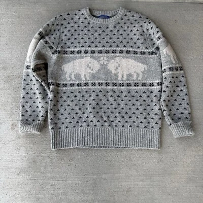 Rare Vintage Pendleton men’s Wool Crewneck Sweater Buffalo Bison Gray Blue S - Image 1 of 4