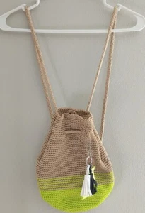 Sakroots Crochet Backpack Brown Neon Green Knit Khaki Boho Chic Handbag Purse - Picture 1 of 8