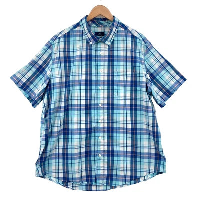 George Button Up Shirt Men 2XL Blue Plaid Cotton Collar Short Sleeve Classic Fit - Image 1 of 4
