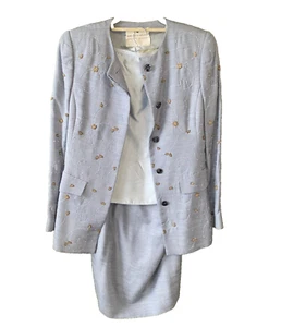 Oscar De La Renta Skirt Suit Womens Size 8 3pc VNTG 100% Silk Embellished Blazer - Picture 1 of 18