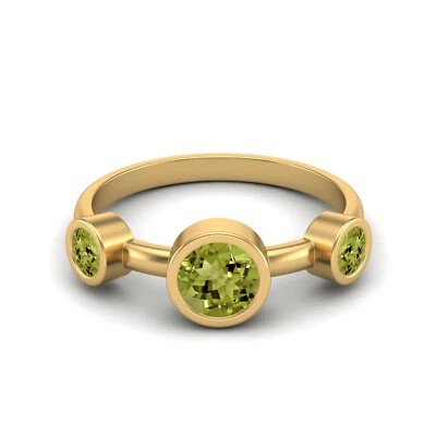 Round Peridot 925 Sterling Silver Gold Plated Three Stone Bezel Set Women Ring - Image 1 of 4