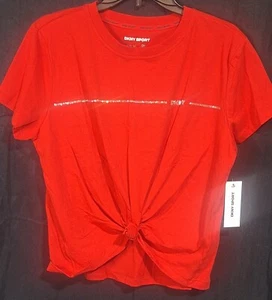 DKNY Sport Women's Medium Rhinestone Logo Red Tee Athletic Wear T-shirt Leisure - Picture 1 of 8