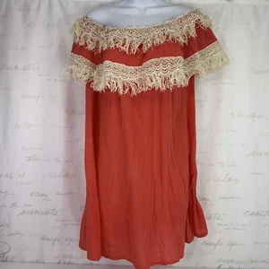 VELZERA Cotton Off Shoulder Lace Trim Boho Tunic Top Coral 2XL NWT - Picture 1 of 9