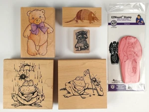 Rubber Stamps Lot of 6 Frog Golf Elephant Armadillo Mushroom Teddy Bear M567 - Picture 1 of 2