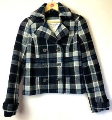 Chaquetón Abercrombie & Fitch para mujer talla pequeña mezcla de lana a cuadros azul gris Foto 1 de 4