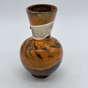 California Pottery Orange Brown Drip Glaze Small Vase With Original Label - Picture 1 of 15
