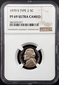 1979 S Type 2 Proof Jefferson Nickel graded PF 69 Ultra Cameo by NGC! sku 79077 - Picture 1 of 4